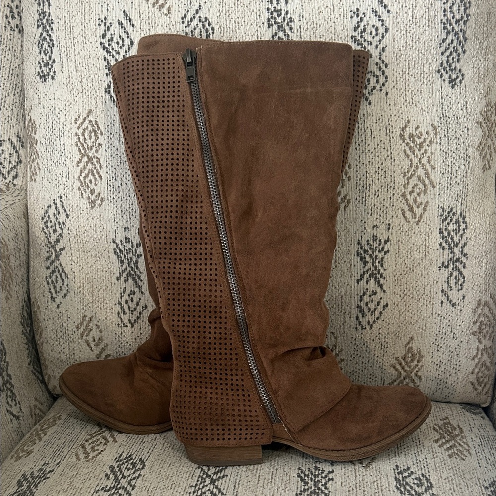 Women's Brown Suede Mid-Calf Perforated Boot